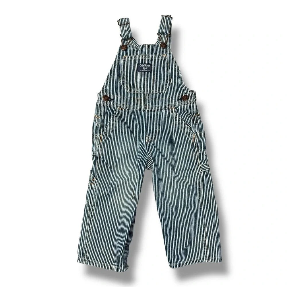 OshKosh B'gosh Overalls Kids 18M Blue White Good Hickory Stripe Denim Bibs‎